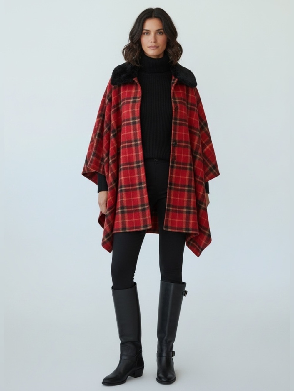 Specialty House Poncho Cape Shawl Fur Collar Tartan Plaid Red Black Medium